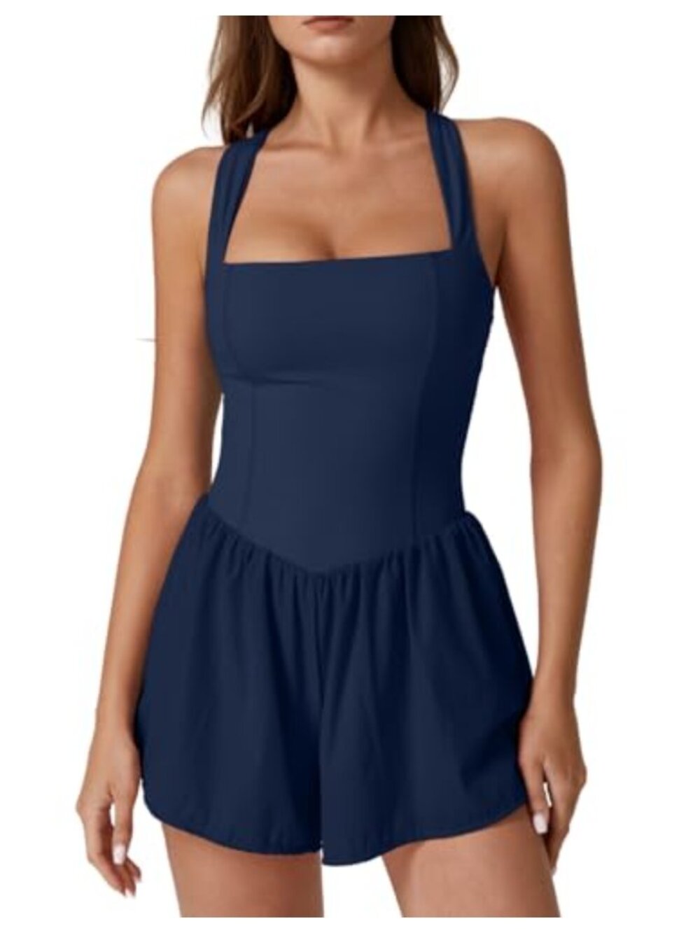 Square Neck Sleeveless Romper Jumpsuit with Pockets High Waist Casual Summer
